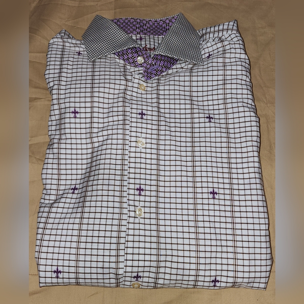 Robert Graham L/XL 43/17 White And Purple Checkered Fleur De Lis Flip Cuff Shirt